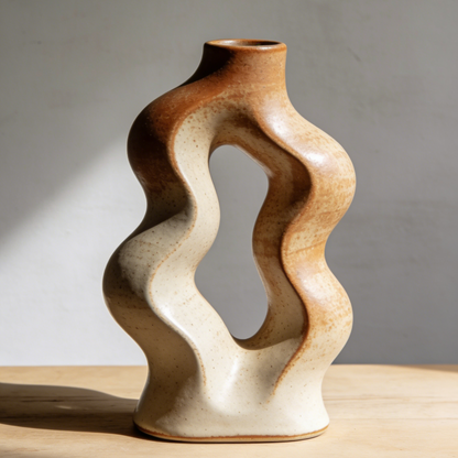 Wavy Hollow Ceramic Vase - Organic Sculptural Terracotta & White Flower Vase