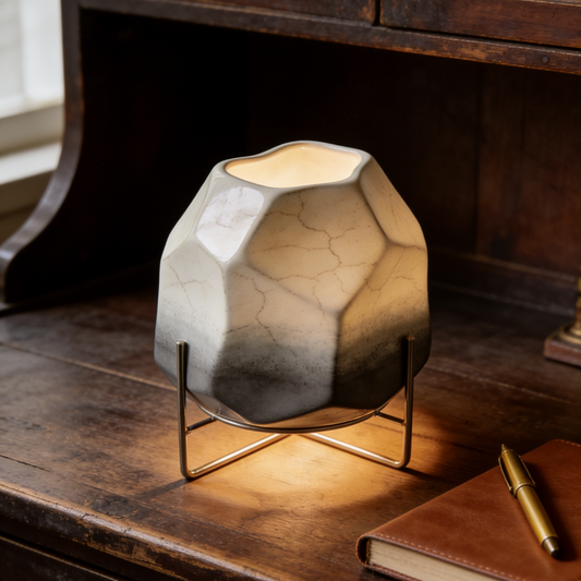 Crackle Glaze Gradient Ceramic Lamp - Faceted Grey & White Vessel Light with Metal Stand