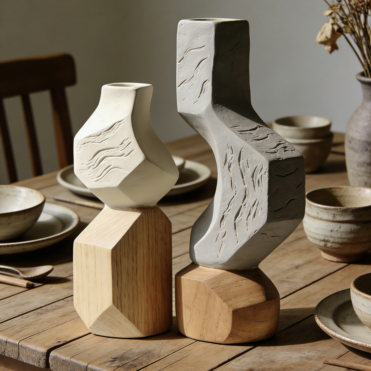 Wood Grain Textured Ceramic Vase Set - Sculptural White & Grey Vases with Wooden Bases