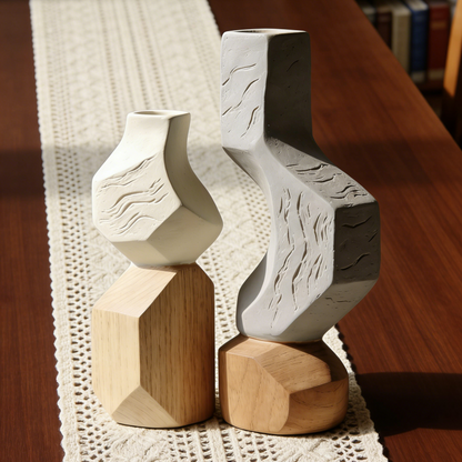Wood Grain Textured Ceramic Vase Set - Sculptural White & Grey Vases with Wooden Bases