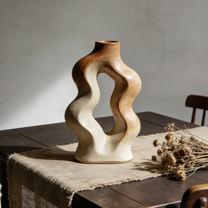 Wavy Hollow Ceramic Vase - Organic Sculptural Terracotta & White Flower Vase