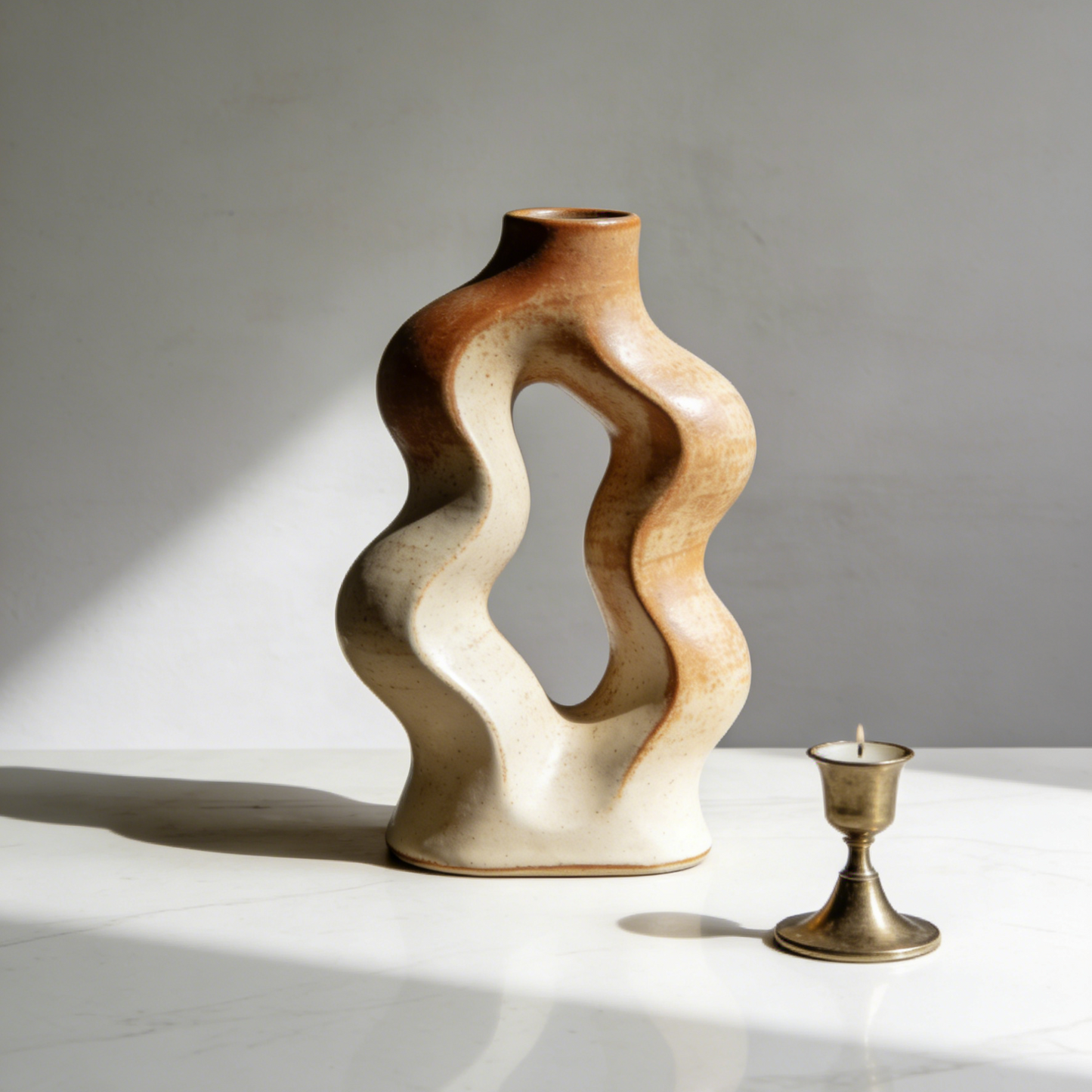 Wavy Hollow Ceramic Vase - Organic Sculptural Terracotta & White Flower Vase