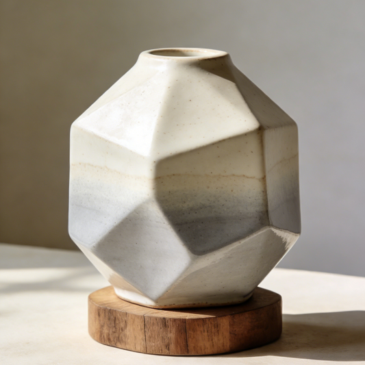 Faceted Gradient Ceramic Vase - Modern Geometric Grey & White Flower Vase with Wooden Base