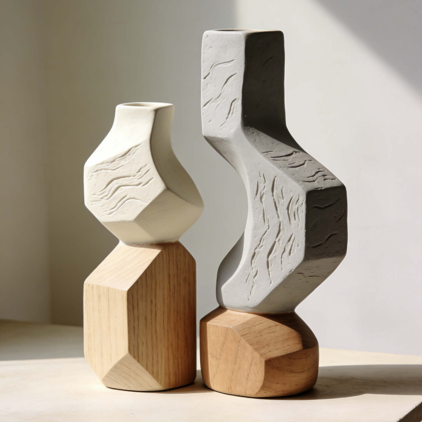 Wood Grain Textured Ceramic Vase Set - Sculptural White & Grey Vases with Wooden Bases